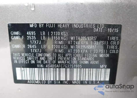 2016 Subaru Outback 2.5I Premium z USA, uszkodzony, nr VIN 4S4BSAFC7G3251905